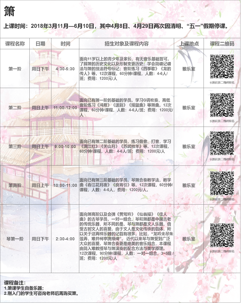 2018年厦门筼筜书院春季国学公益课程安排表