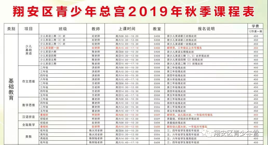 2019厦门翔安区青少年宫秋季培训招生简章